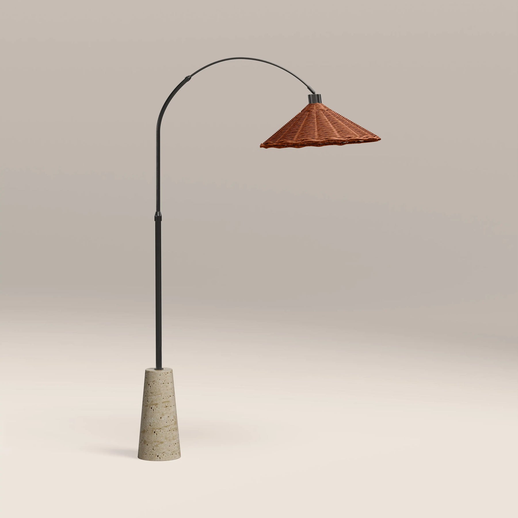 Keston Arched Floor Lamp | Natural Rattan & Travertine