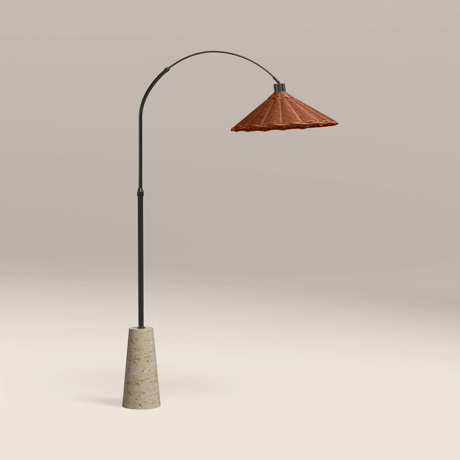 Keston Arched Floor Lamp | Natural Rattan & Travertine