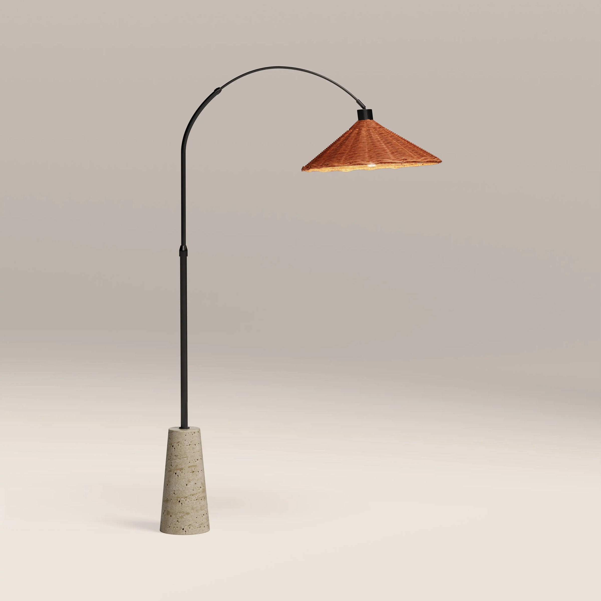 Keston Arched Floor Lamp | Natural Rattan & Travertine