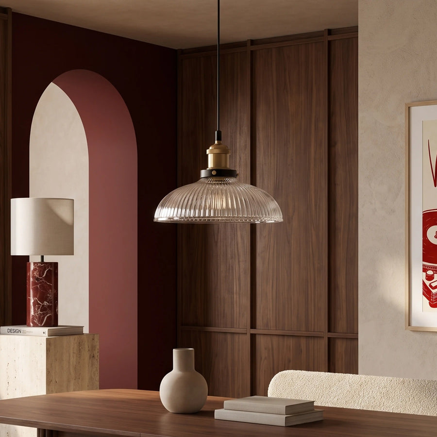Cianna Dome Pendant Light | Ribbed Glass & Antique Brass