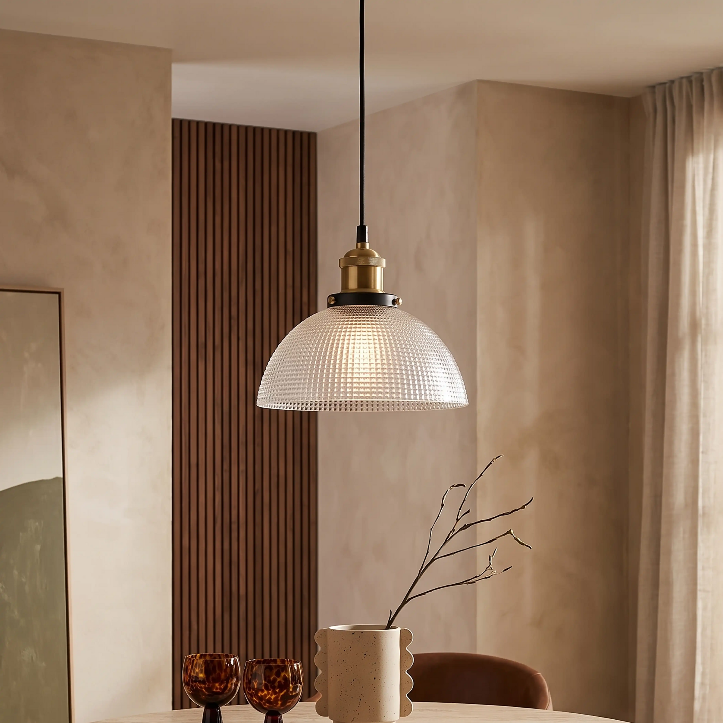 Ezra Bowl Pendant Light | Ribbed Glass & Antique Brass