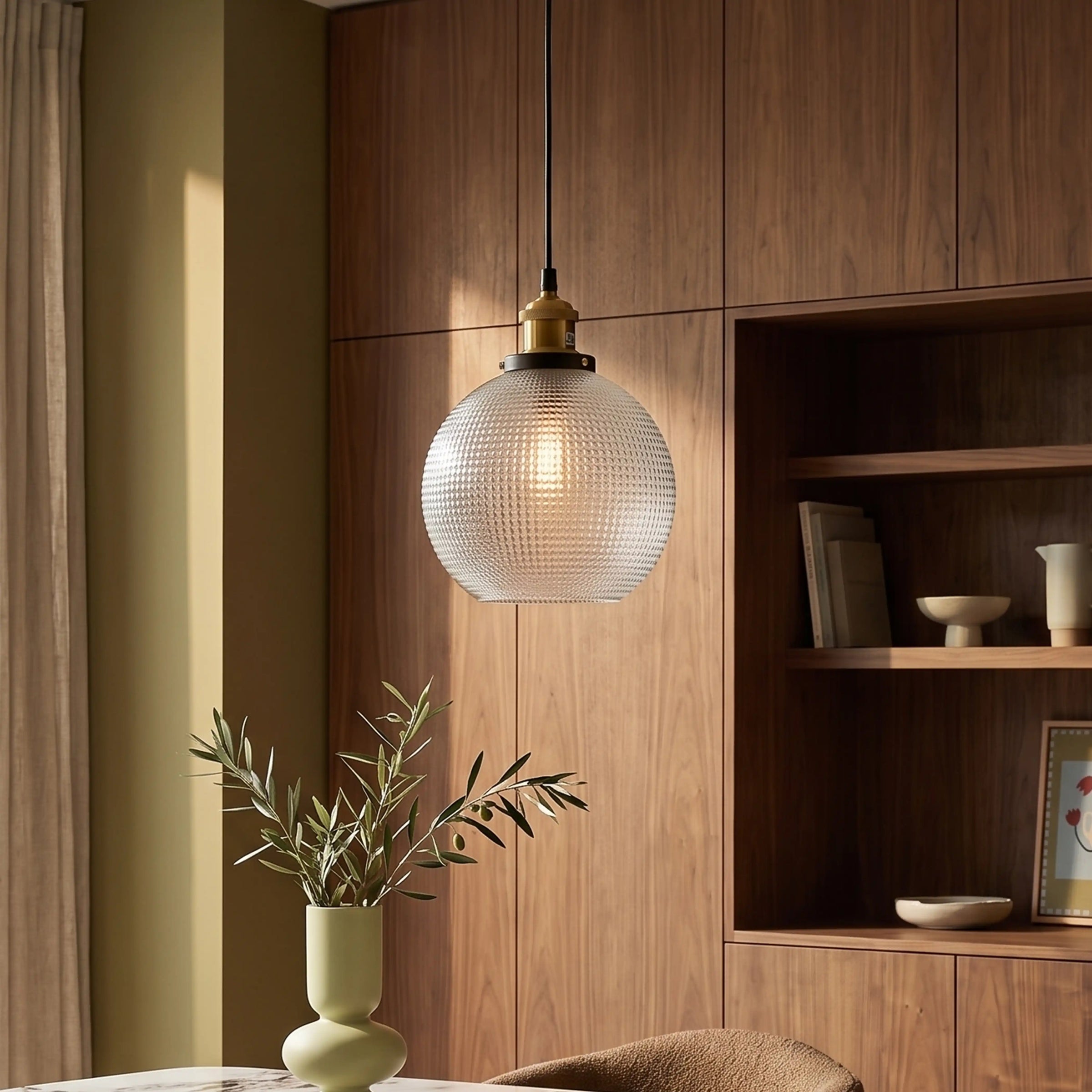 Ezra Globe Pendant Light | Ribbed Glass & Antique Brass
