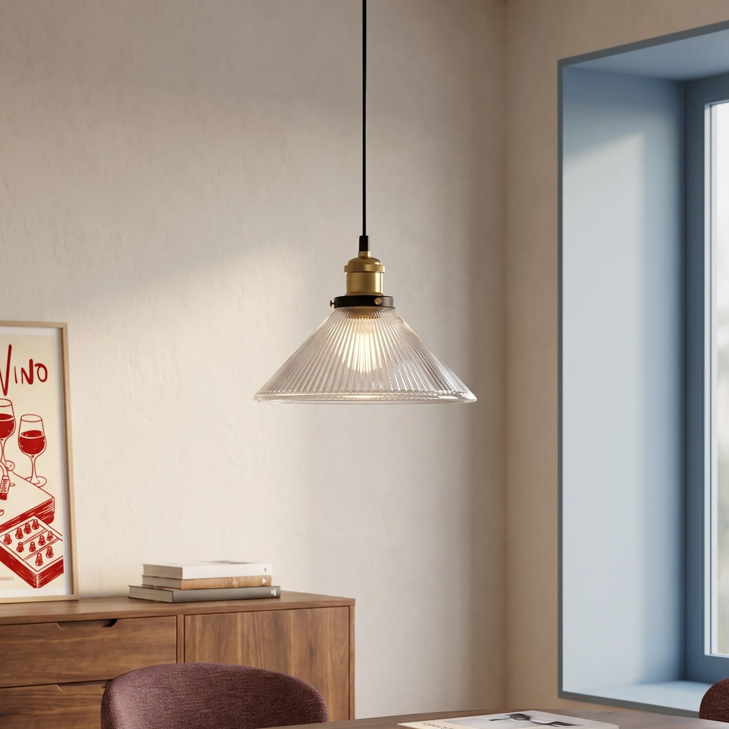 Jude Cone Pendant Light | Ribbed Glass & Antique Brass