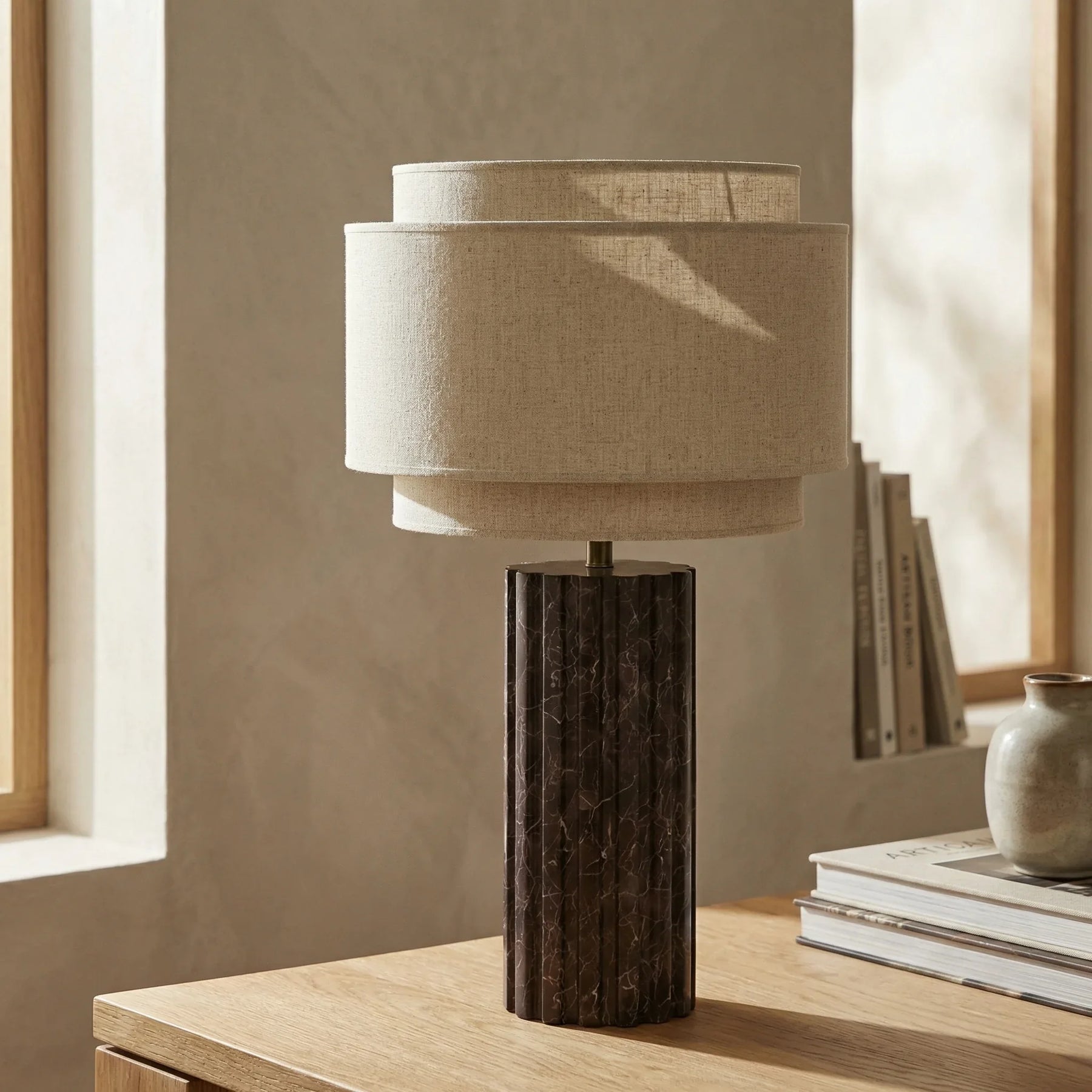 Aldridge Table Lamp | Natural Linen & Chocolate Brown Marble