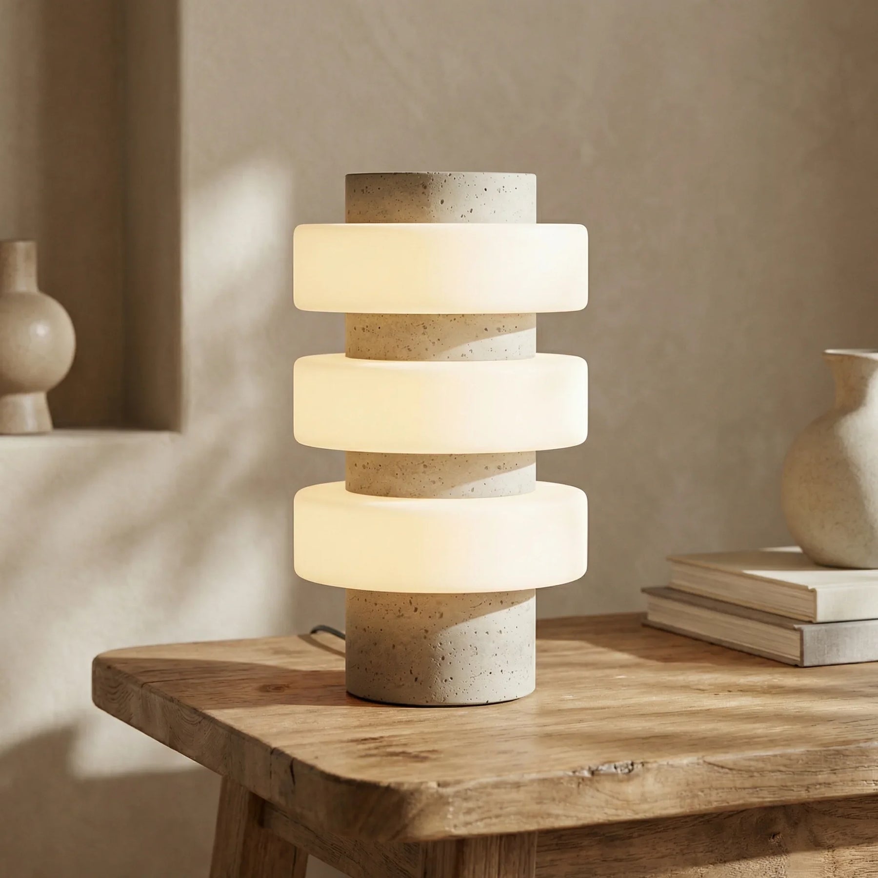 Alanis Table Lamp | Opal Glass & Natural Travertine