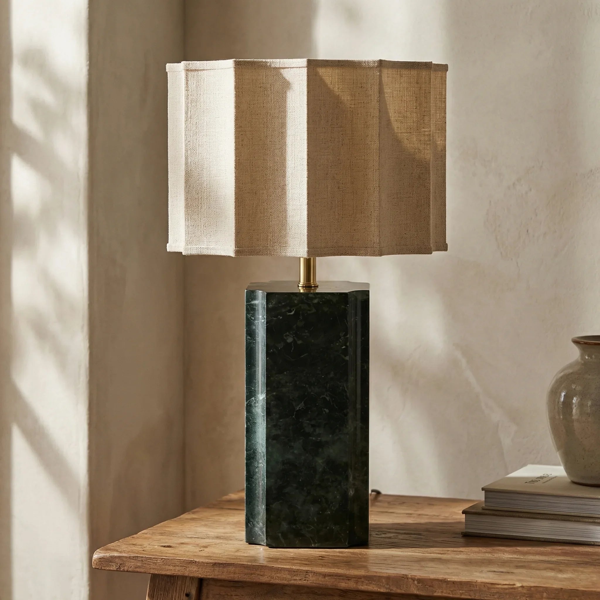 Brookes Table Lamp | Natural Linen & Dark Green Marble
