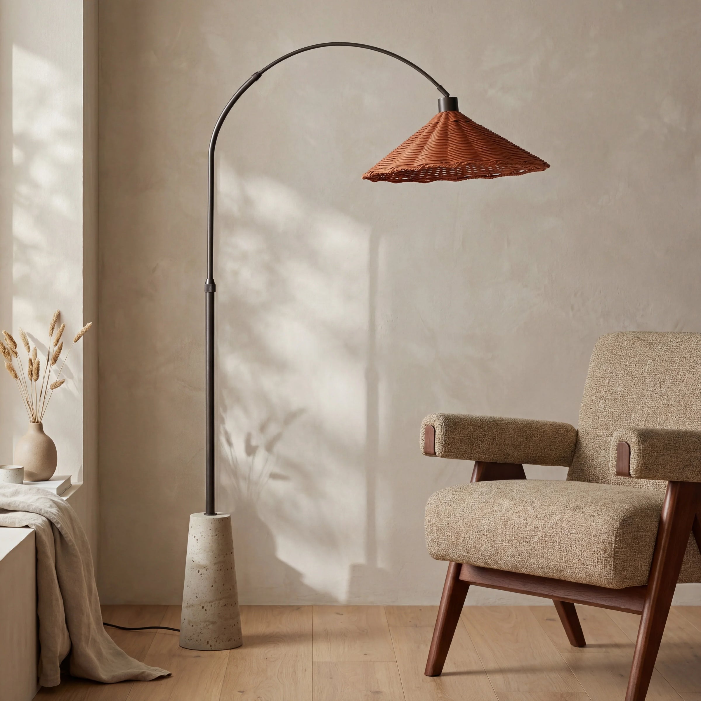 Keston Arched Floor Lamp | Natural Rattan & Travertine
