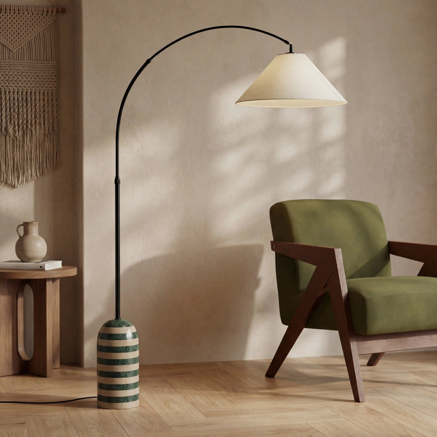 Leora Arched Floor Lamp | Dark Green Marble & Natural Travertine
