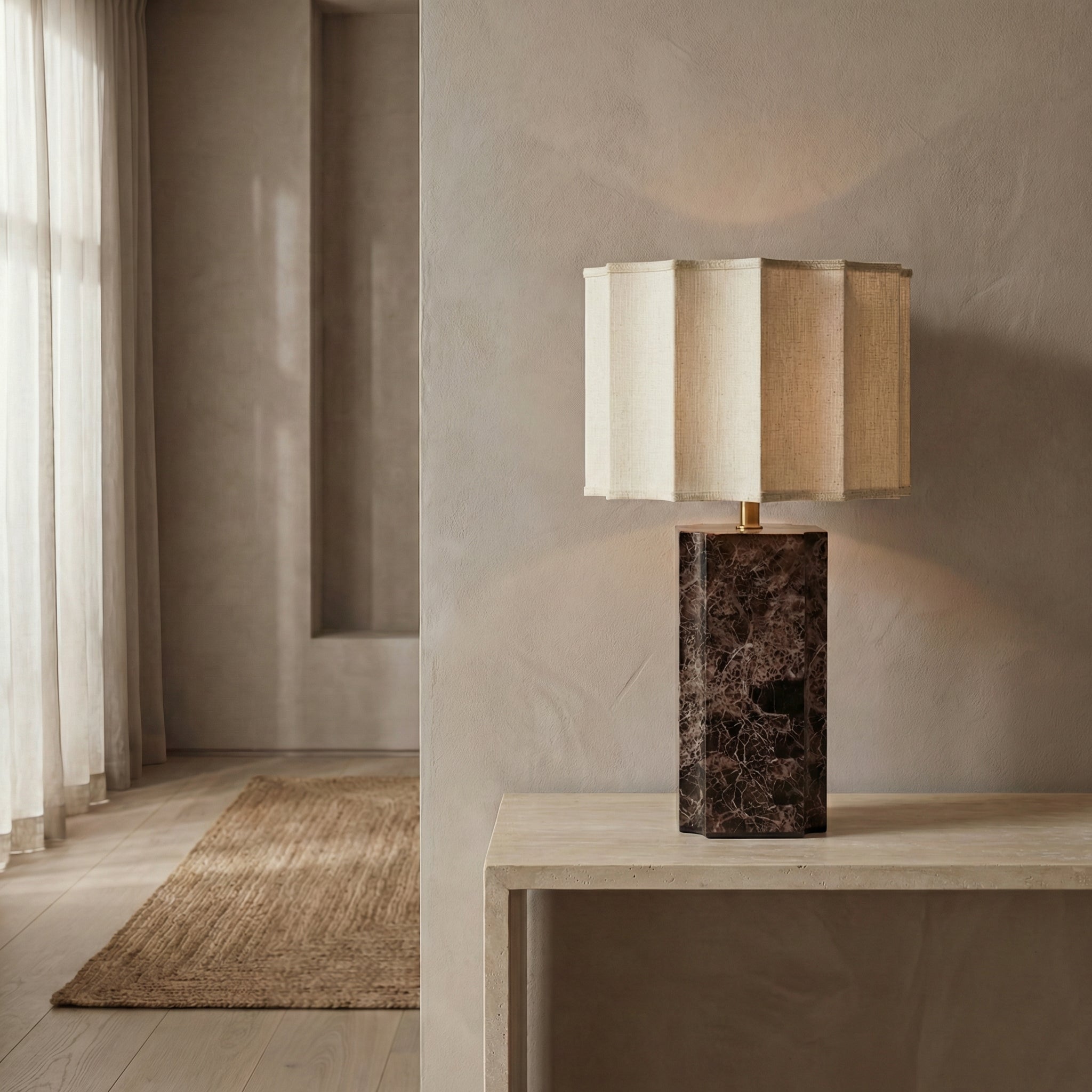 Brookes Table Lamp | Natural Linen & Chocolate Brown Marble