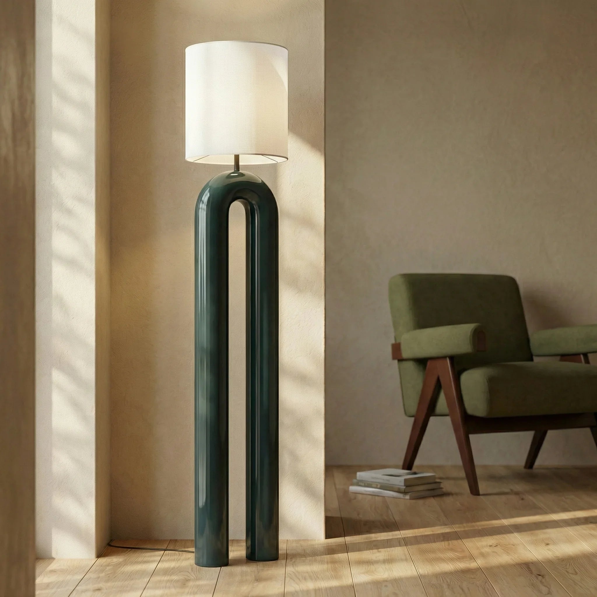 Millau Floor Lamp | Natural Linen & High Gloss Emerald Green
