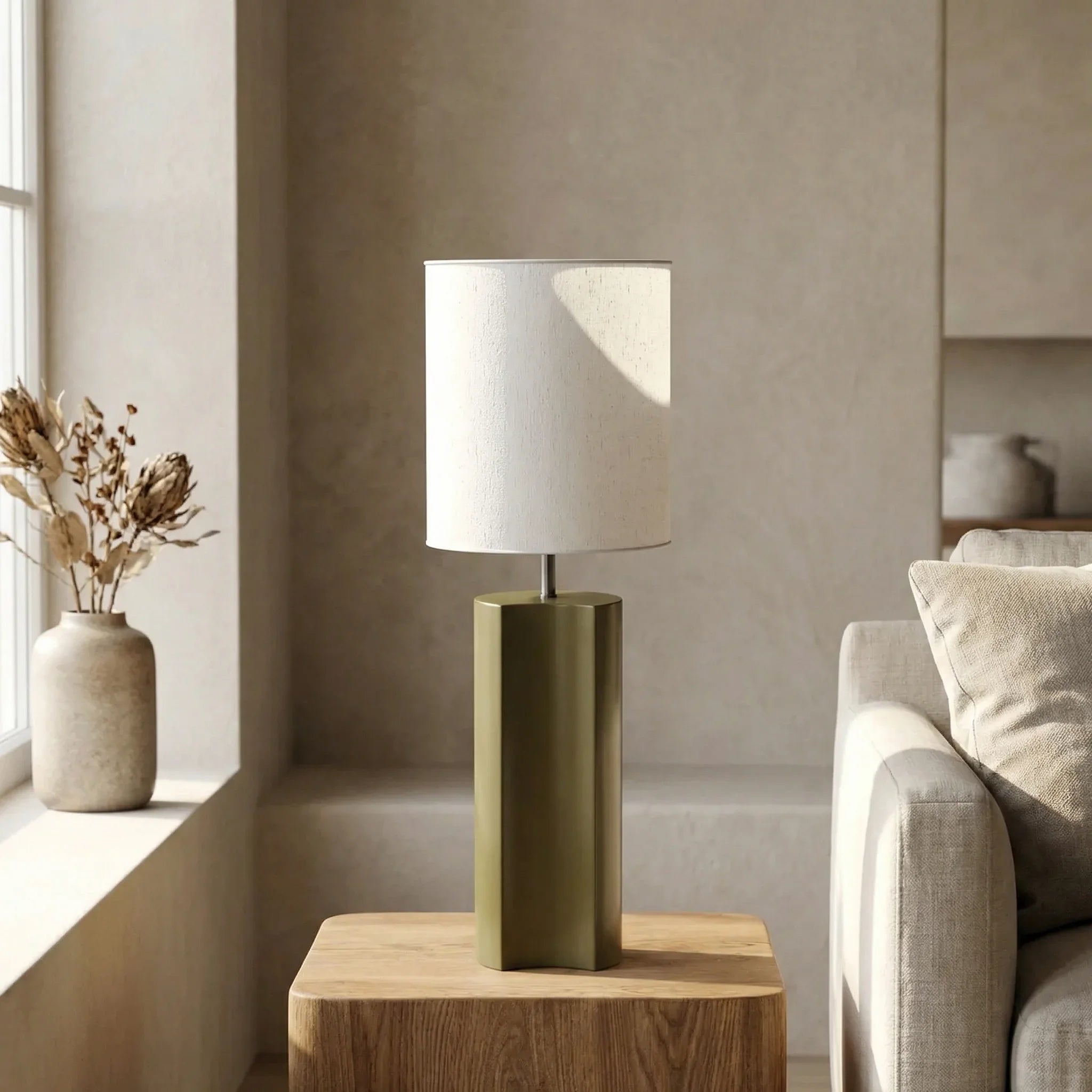Milad Table Lamp | Natural Linen & High Gloss Clay Green