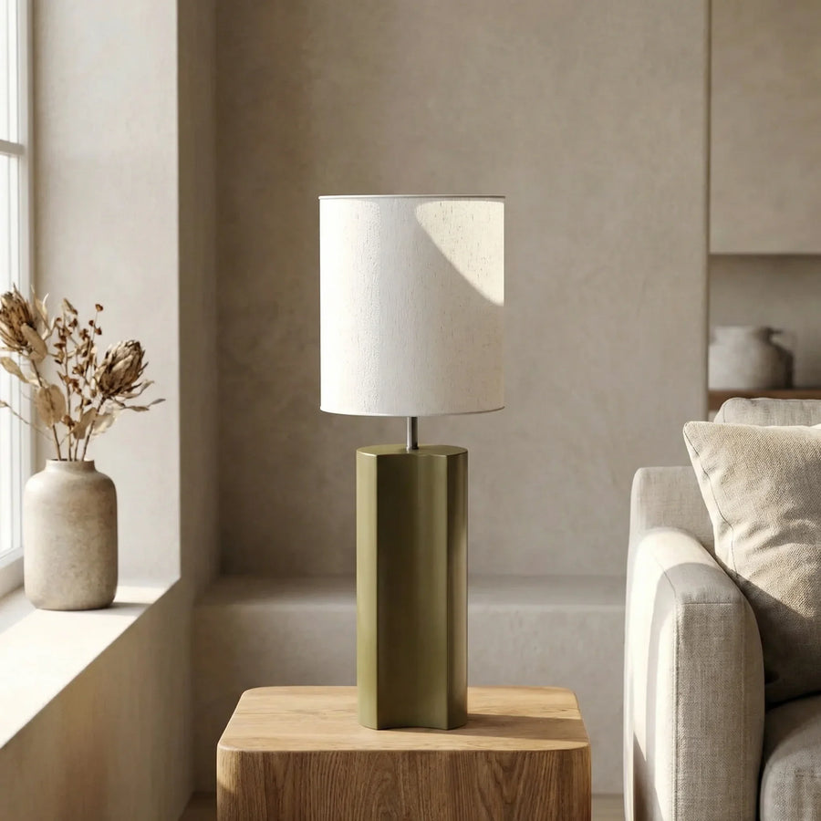 Milad Table Lamp | Natural Linen & High Gloss Clay Green